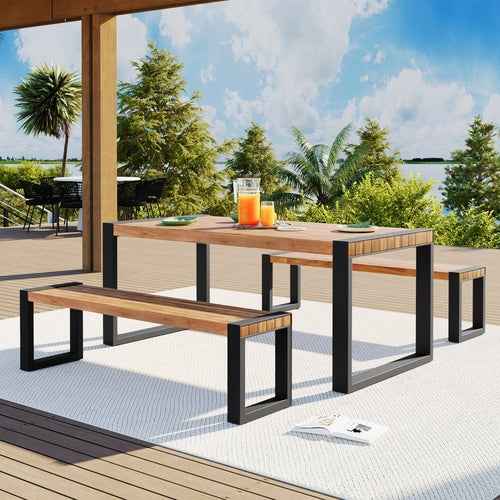 3-pieces Outdoor Dining Table With 2 Benches, Patio Dining Set With Trustymall