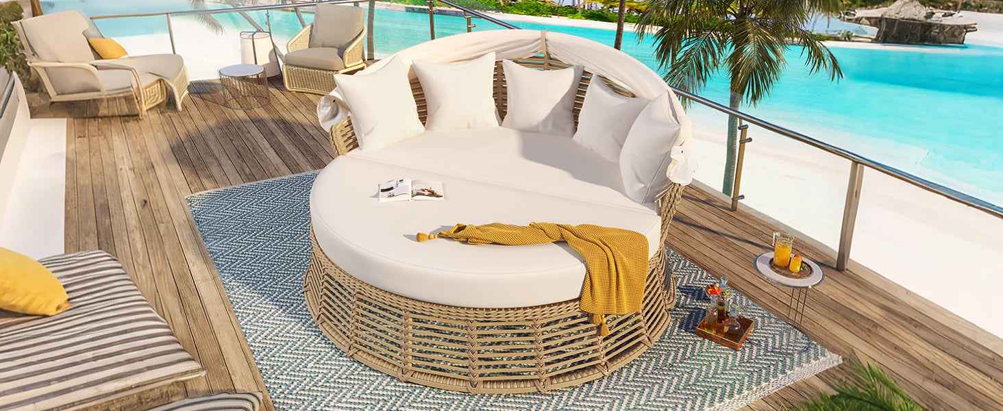 Outdoor Patio Rattan Round Daybed with Retractable Canopy, Wicker Trustymall