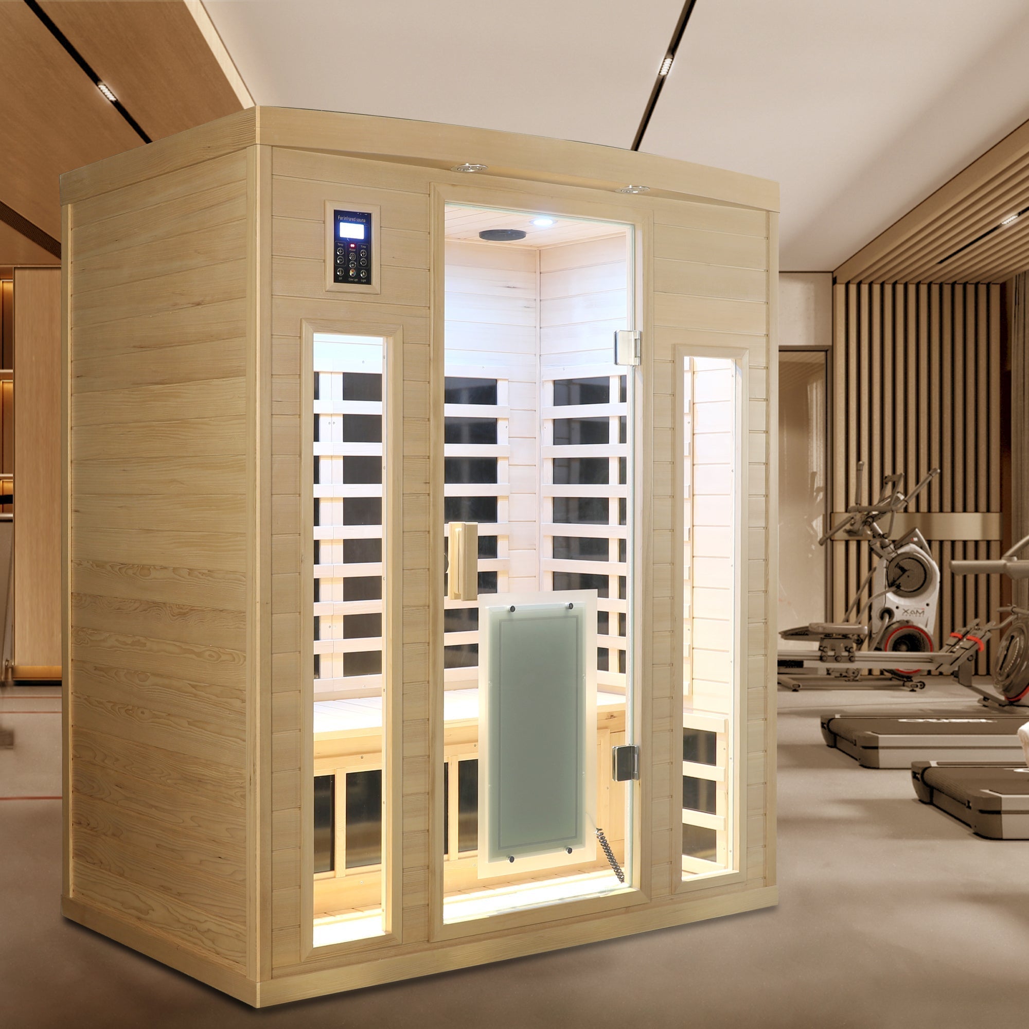 Low EMF, There is also a heating plate on the glass door, Hemlock wood Far-infrared indoor Three person sauna room HouseOfZazla