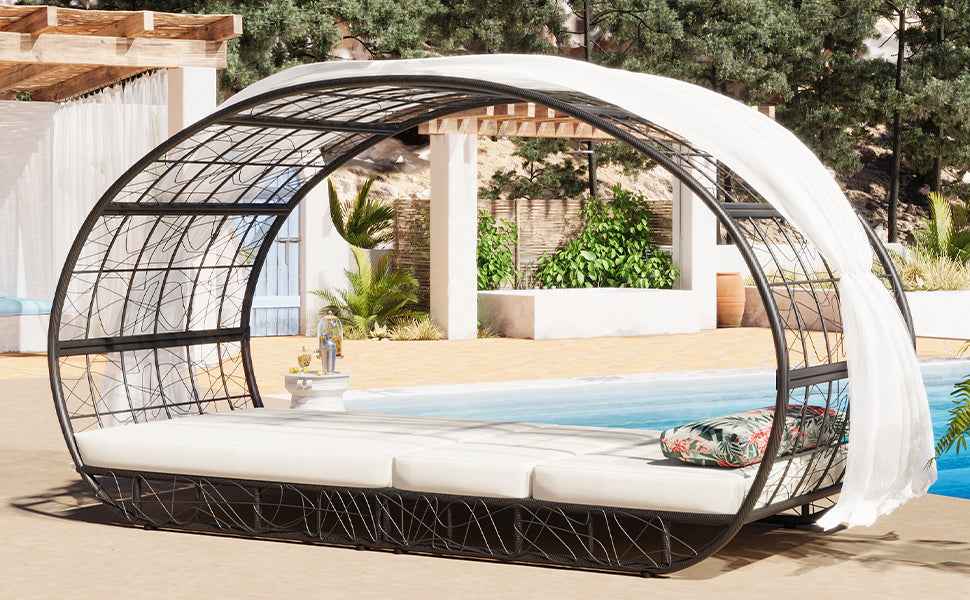 90.55" Outdoor Patio Daybed with Curtain, Sunbed with Cushion and Trustymall