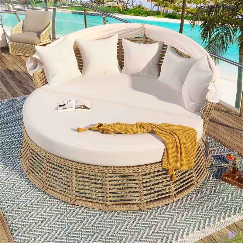 Outdoor Patio Rattan Round Daybed with Retractable Canopy, Wicker Trustymall