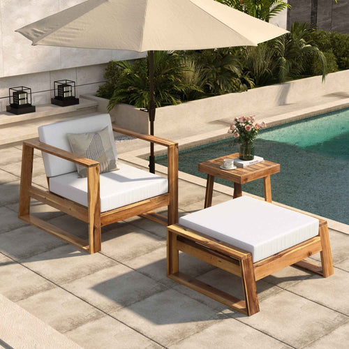Acacia Wood Outdoor Lounge Set - Chair & Ottoman, Perfect for Patios, Trustymall