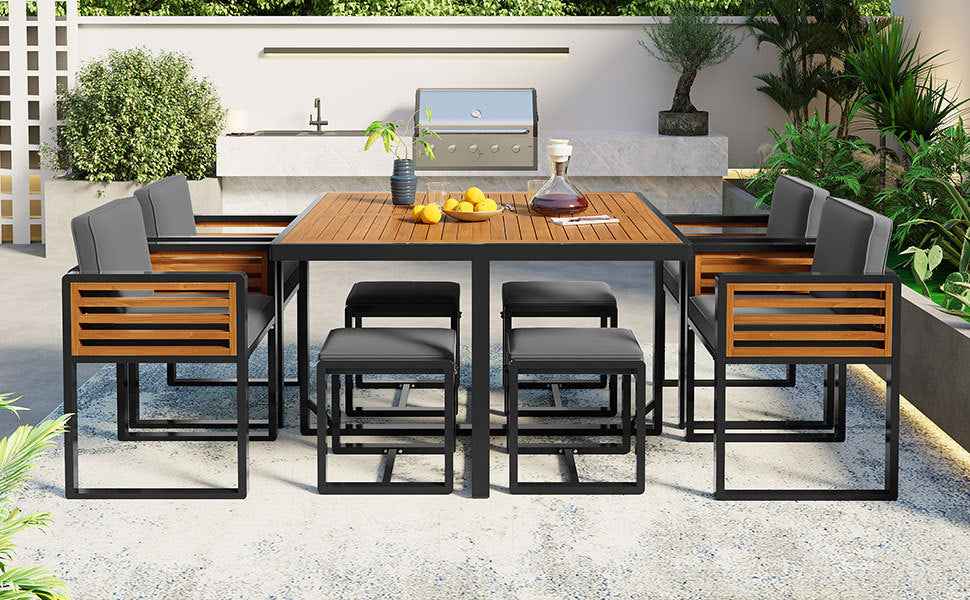 9-Pieces Acacia Wood Patio Dining Set, Space Saving Outdoor Patio Set, Trustymall