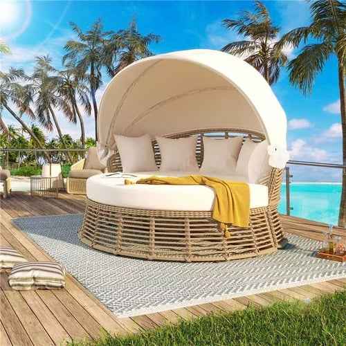 Outdoor Patio Rattan Round Daybed with Retractable Canopy, Wicker Trustymall