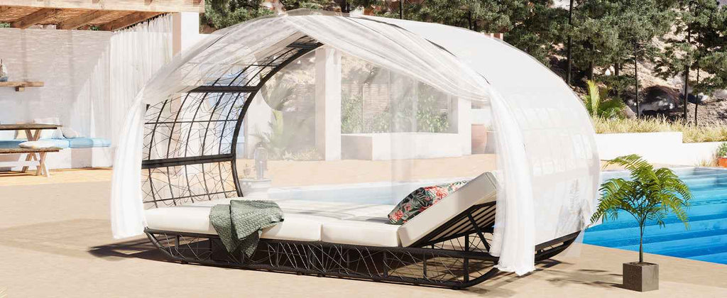 90.55" Outdoor Patio Daybed with Curtain, Sunbed with Cushion and Trustymall