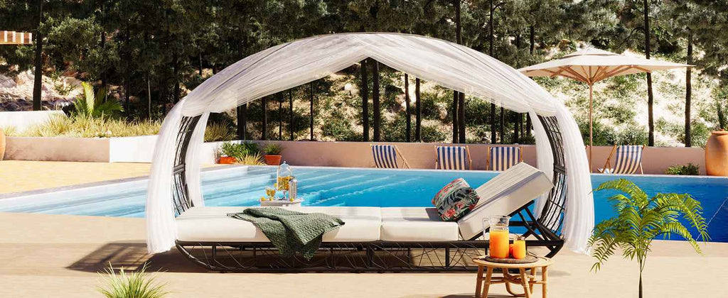 90.55" Outdoor Patio Daybed with Curtain, Sunbed with Cushion and Trustymall