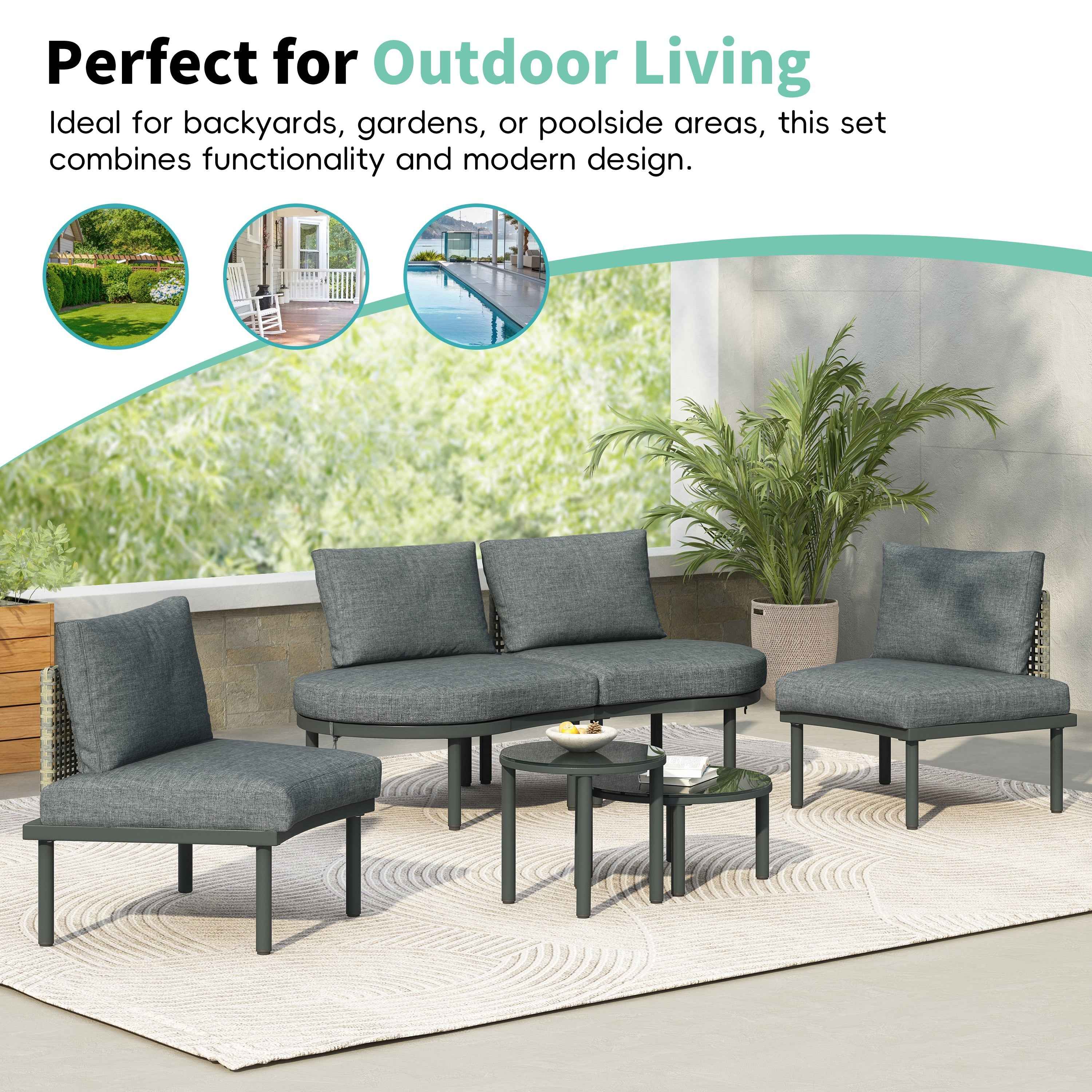 6-Piece Patio Sofa Furniture Set, Half Moon Outdoor Sectional Sofa Trustymall