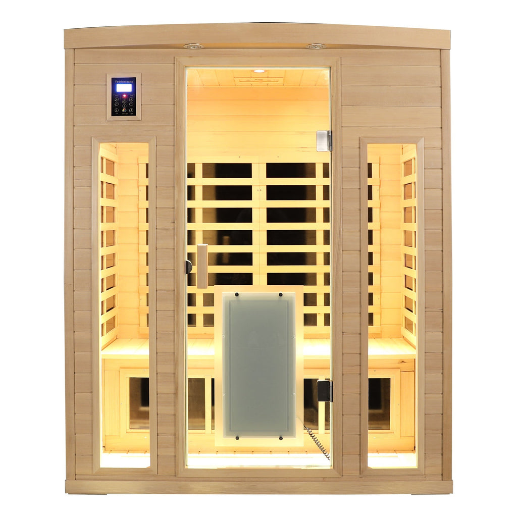 Low EMF, There is also a heating plate on the glass door, Hemlock wood Far-infrared indoor Three person sauna room HouseOfZazla