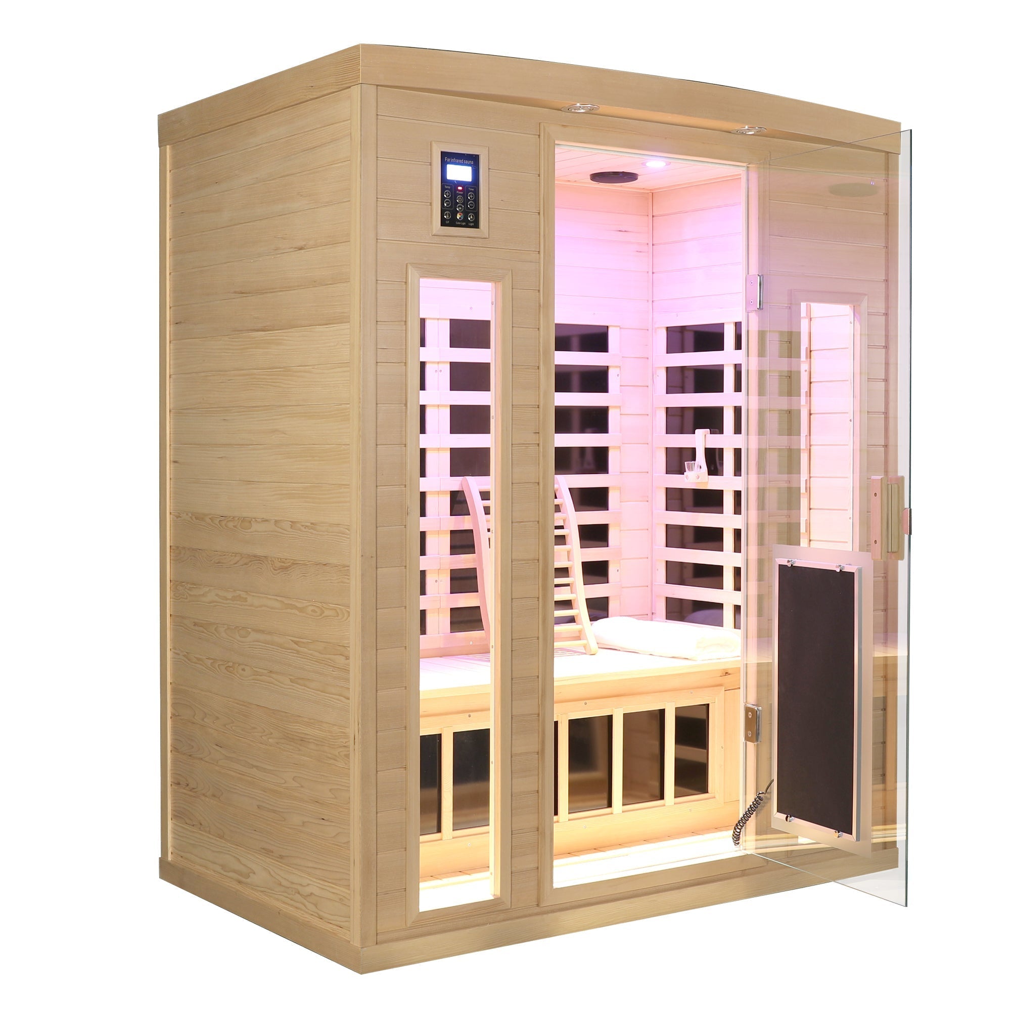 Low EMF, There is also a heating plate on the glass door, Hemlock wood Far-infrared indoor Three person sauna room HouseOfZazla