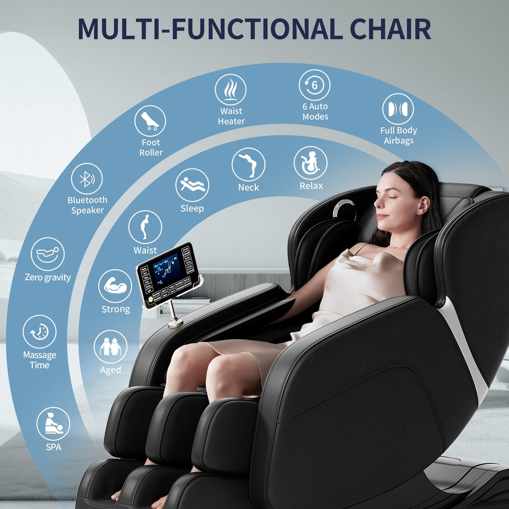 Full body deep tissue massage chair, foot massage, 8 fixed massage rollers, touch screen suitable for 5.1-5.75 feet high (black) V.I.P Digital Presence