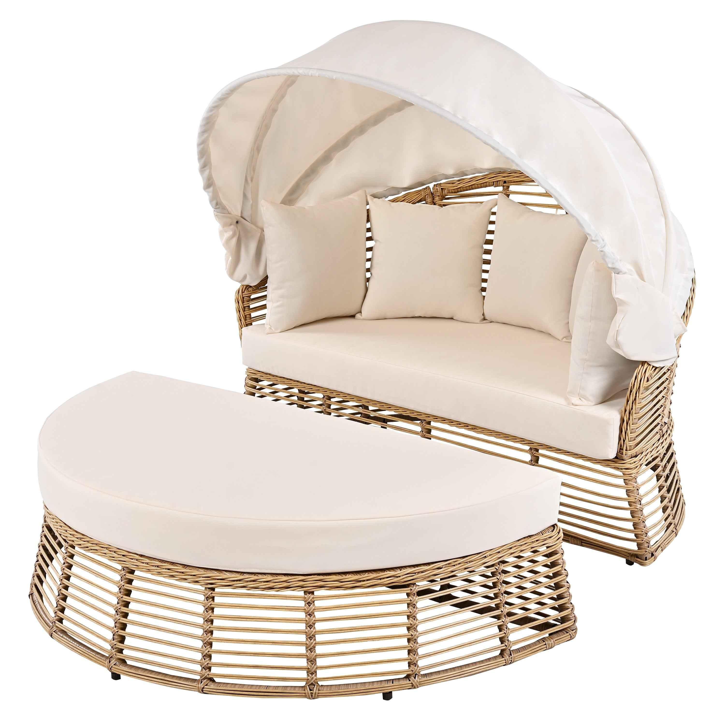 Outdoor Patio Rattan Round Daybed with Retractable Canopy, Wicker Trustymall