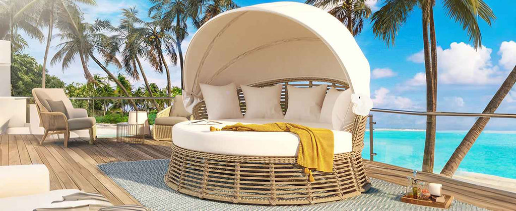 Outdoor Patio Rattan Round Daybed with Retractable Canopy, Wicker Trustymall