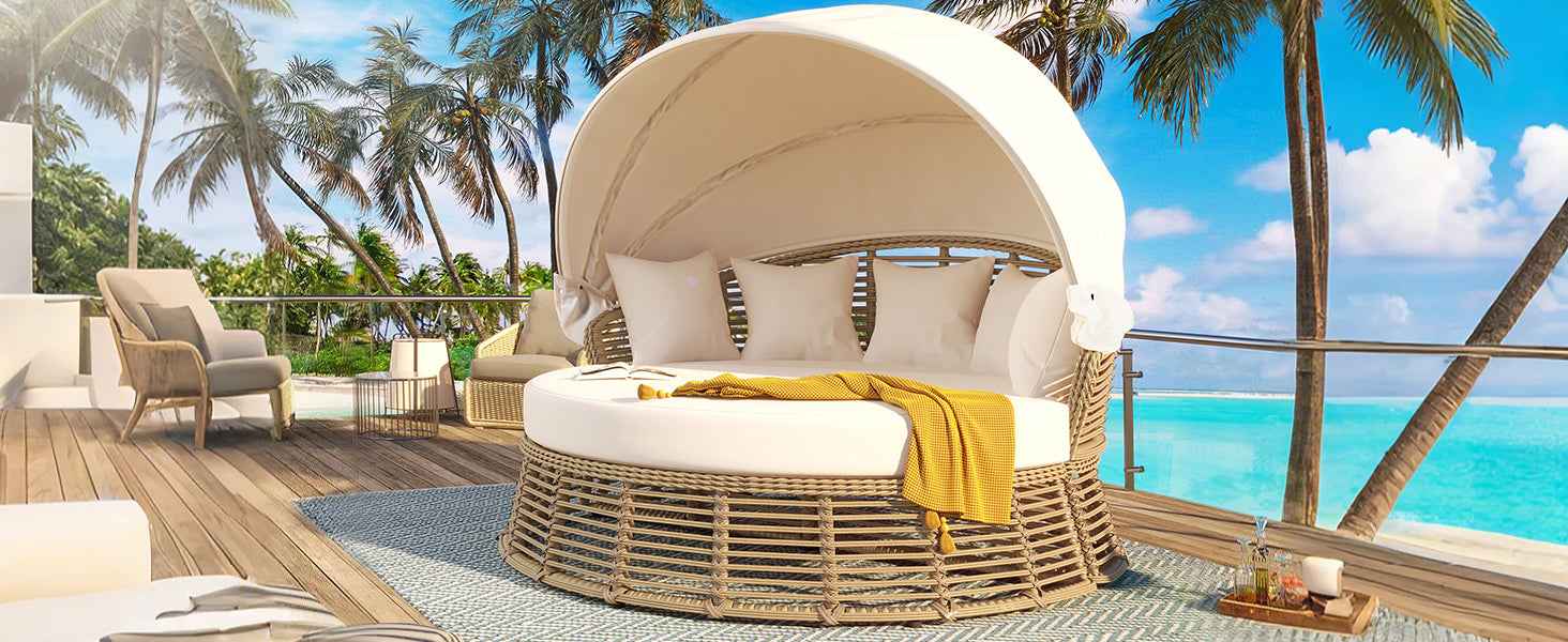 Outdoor Patio Rattan Round Daybed with Retractable Canopy, Wicker Trustymall