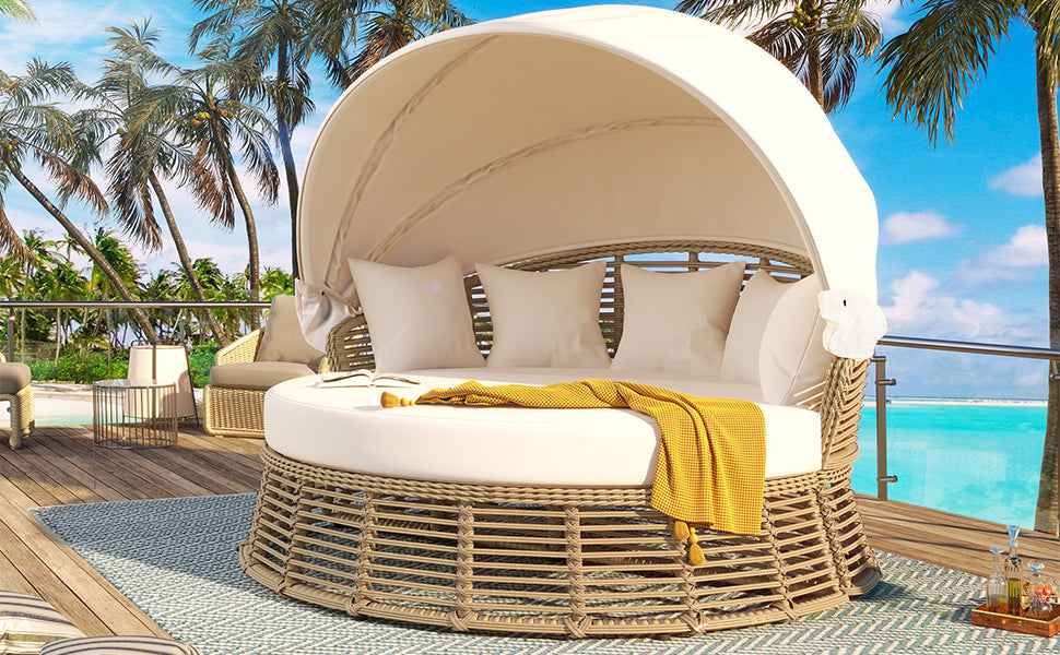 Outdoor Patio Rattan Round Daybed with Retractable Canopy, Wicker Trustymall