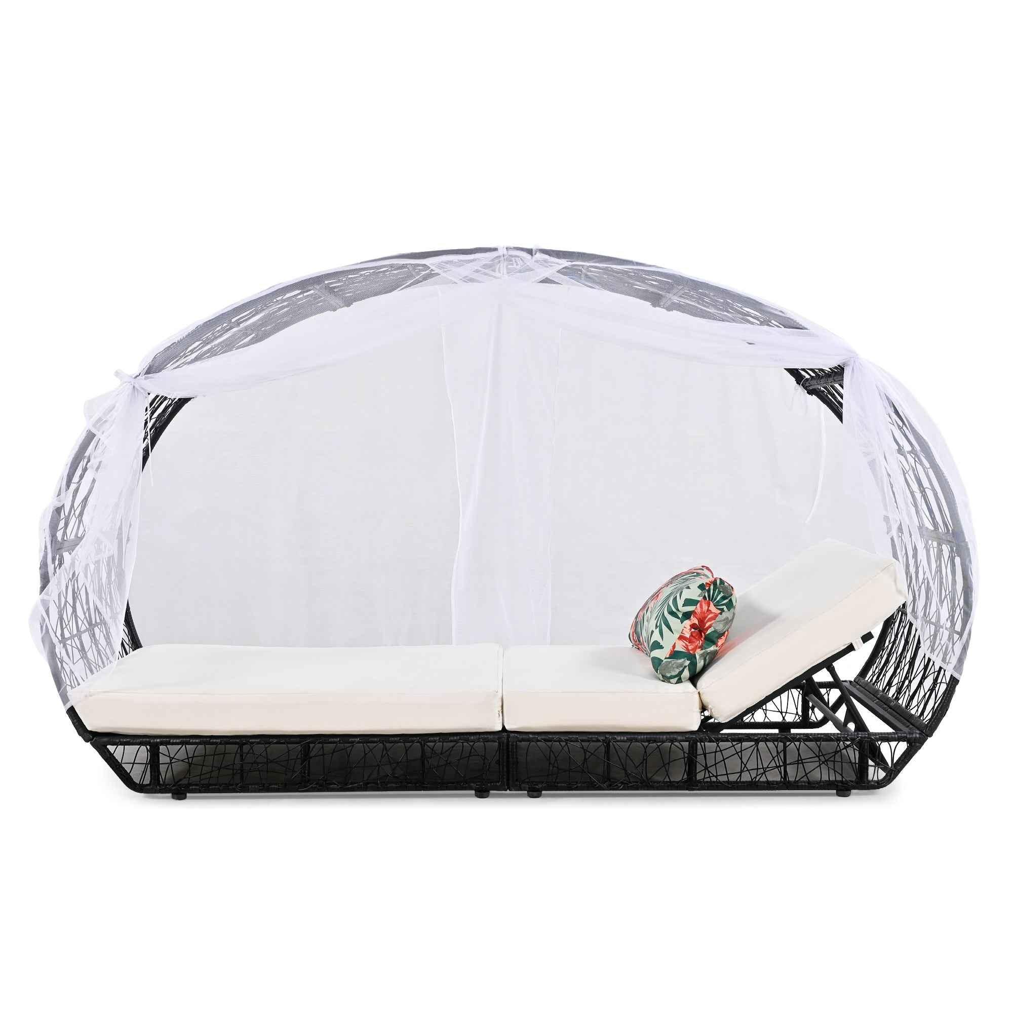 90.55" Outdoor Patio Daybed with Curtain, Sunbed with Cushion and Trustymall