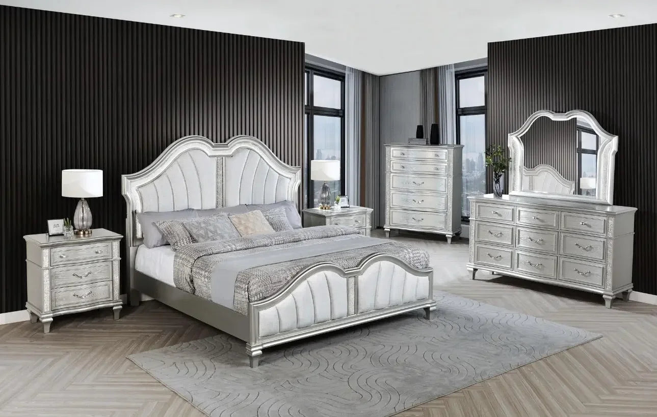 Best Quality Furniture Silver Embossed Wood Bedroom Set with Panel Bed - Haus Of Elevation