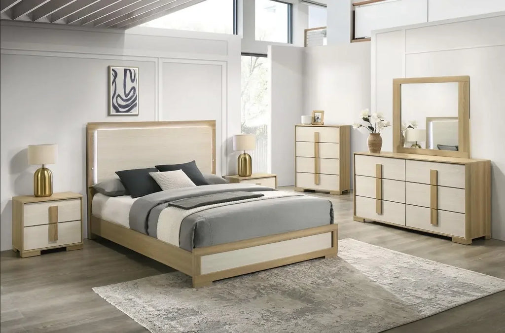 Best Quality Furniture Natural Wood Bedroom Set with LED Headboard - Haus Of Elevation
