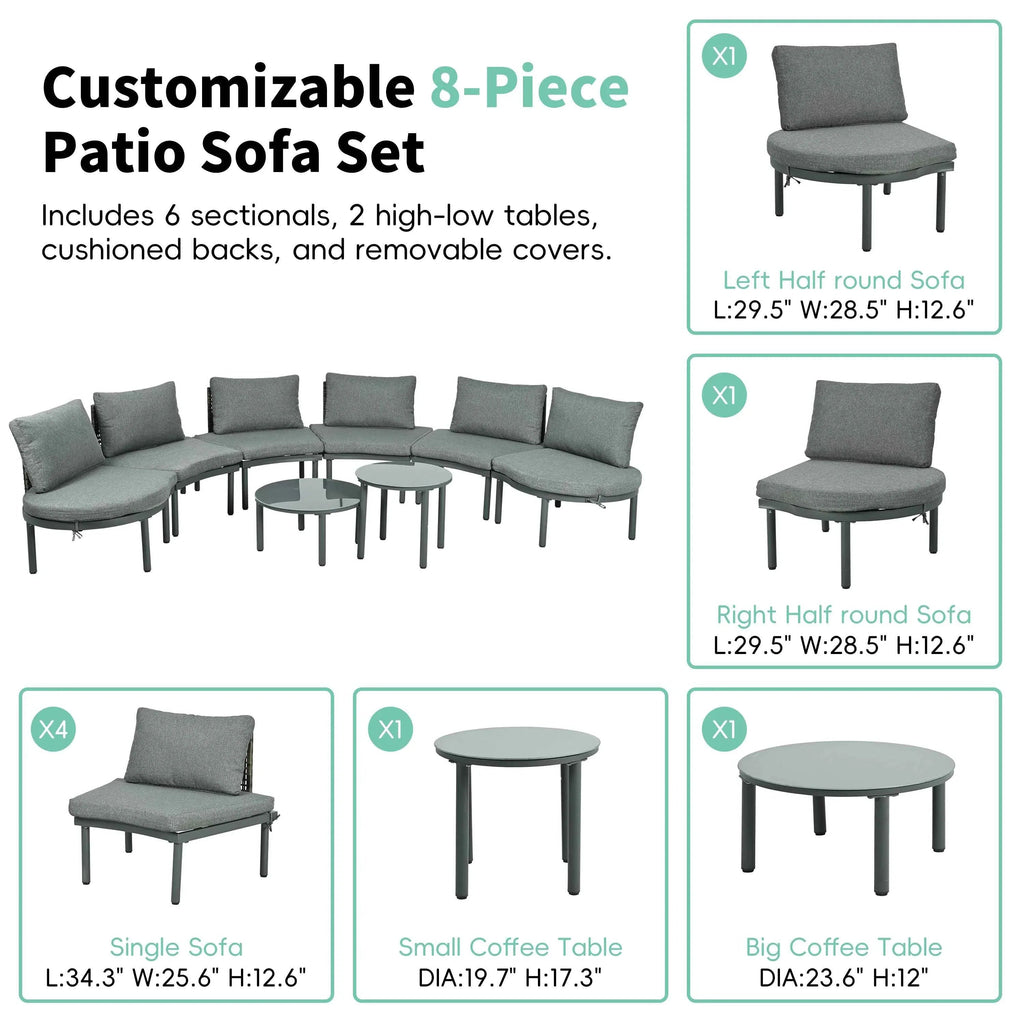 8-Piece Patio Sofa Furniture Set, Half Moon Outdoor Sectional Sofa Trustymall