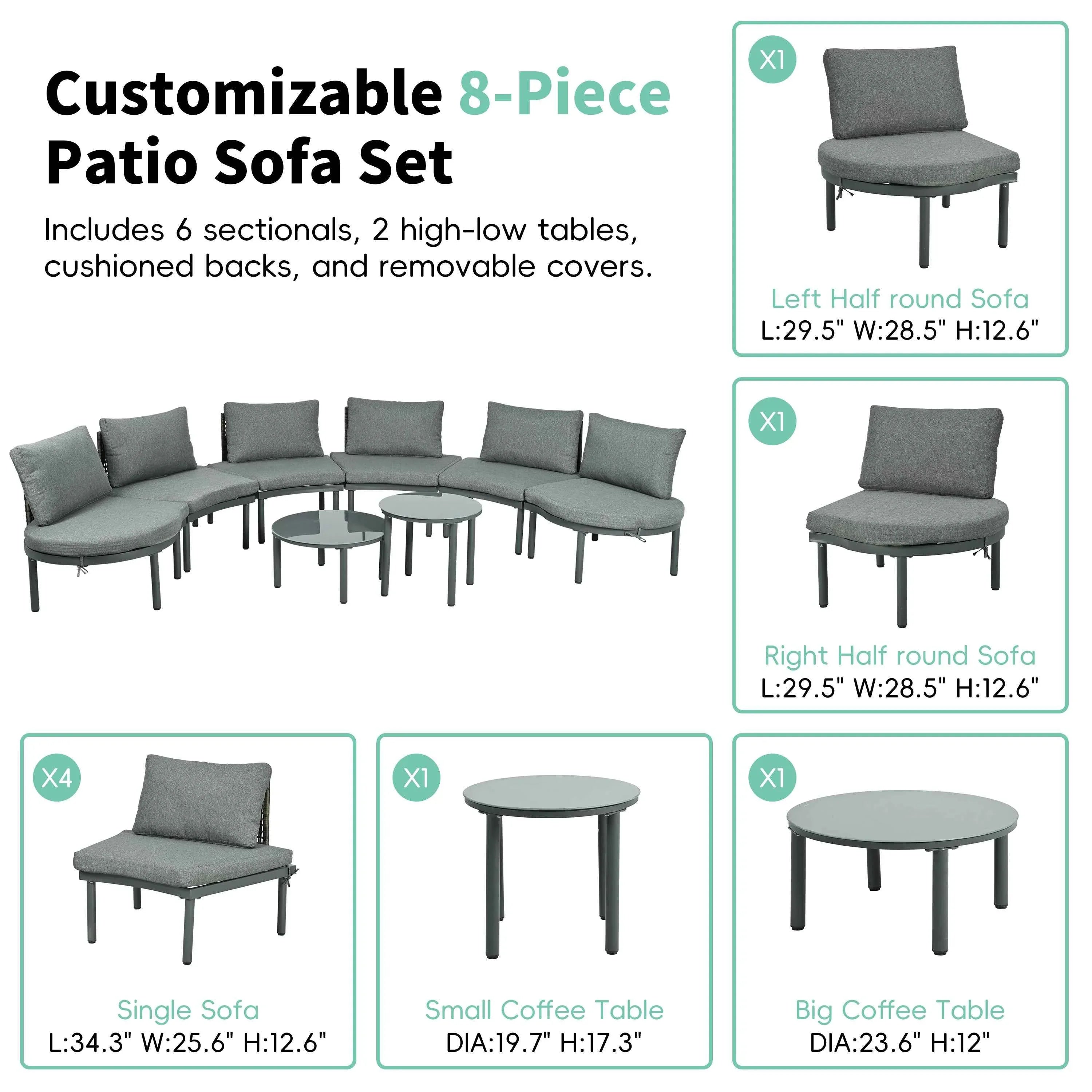 8-Piece Patio Sofa Furniture Set, Half Moon Outdoor Sectional Sofa Trustymall