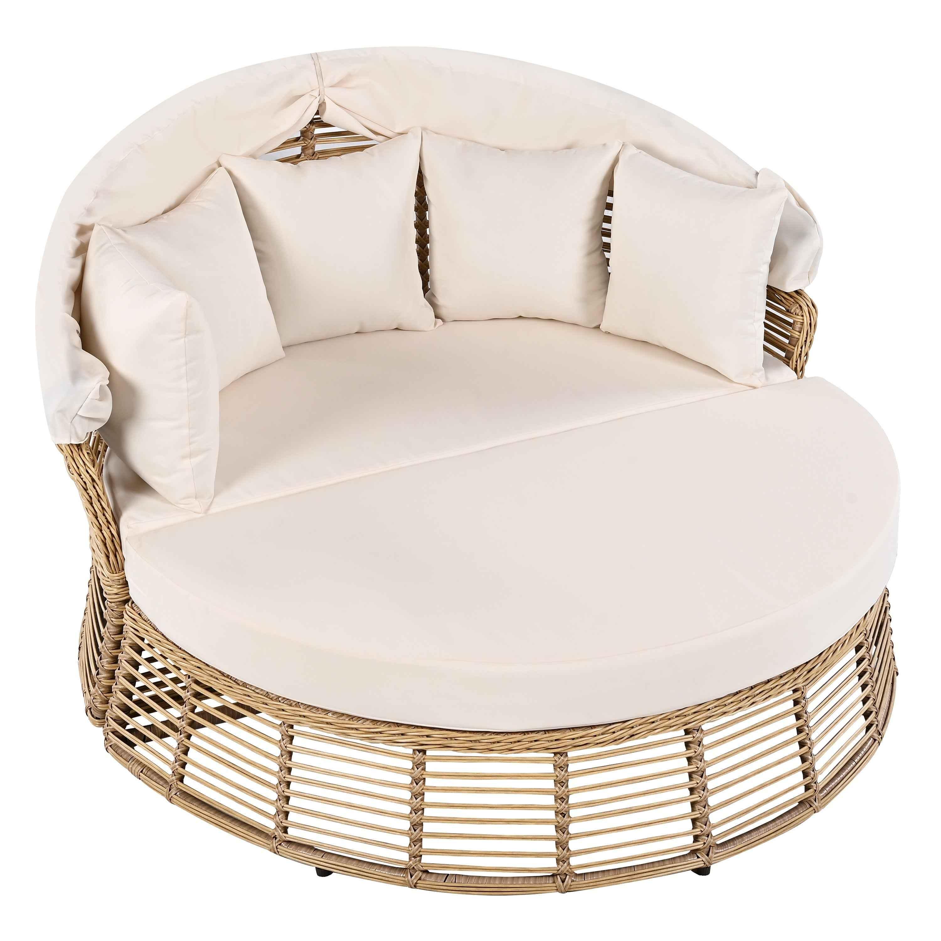 Outdoor Patio Rattan Round Daybed with Retractable Canopy, Wicker Trustymall