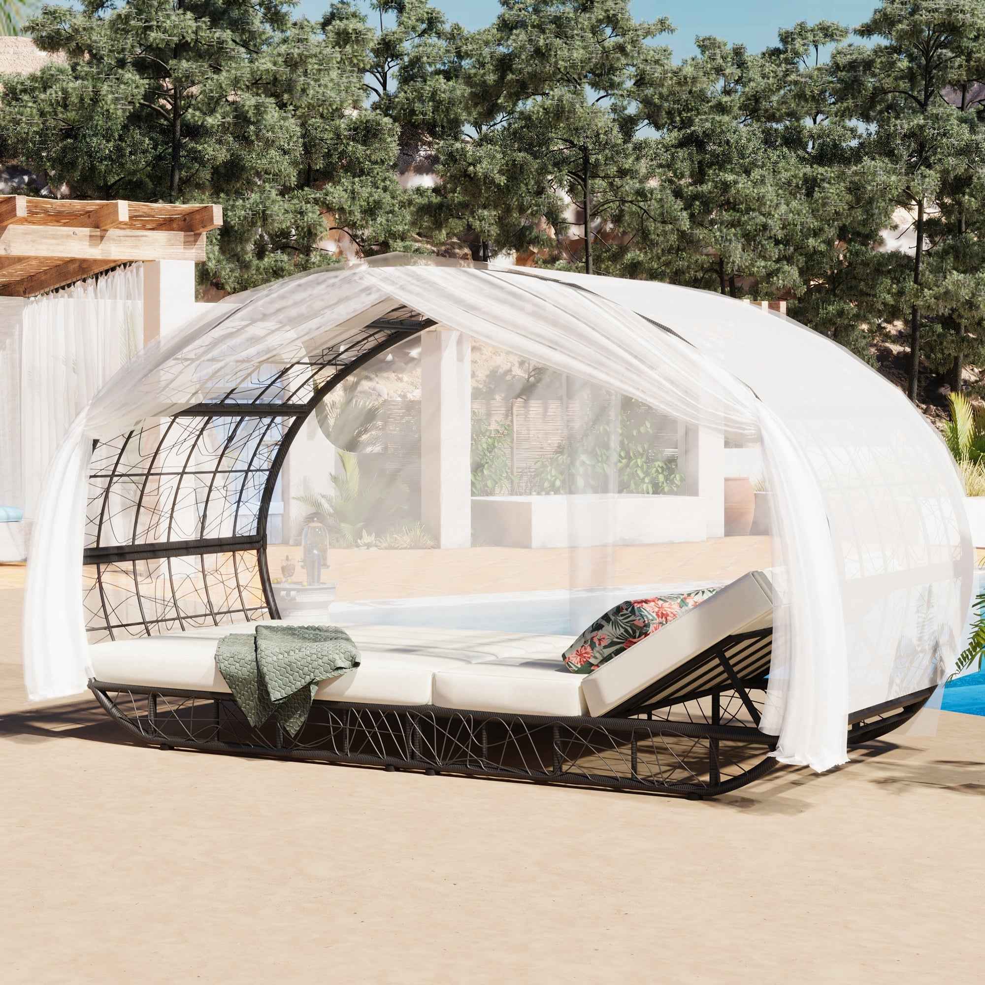 90.55" Outdoor Patio Daybed with Curtain, Sunbed with Cushion and Trustymall