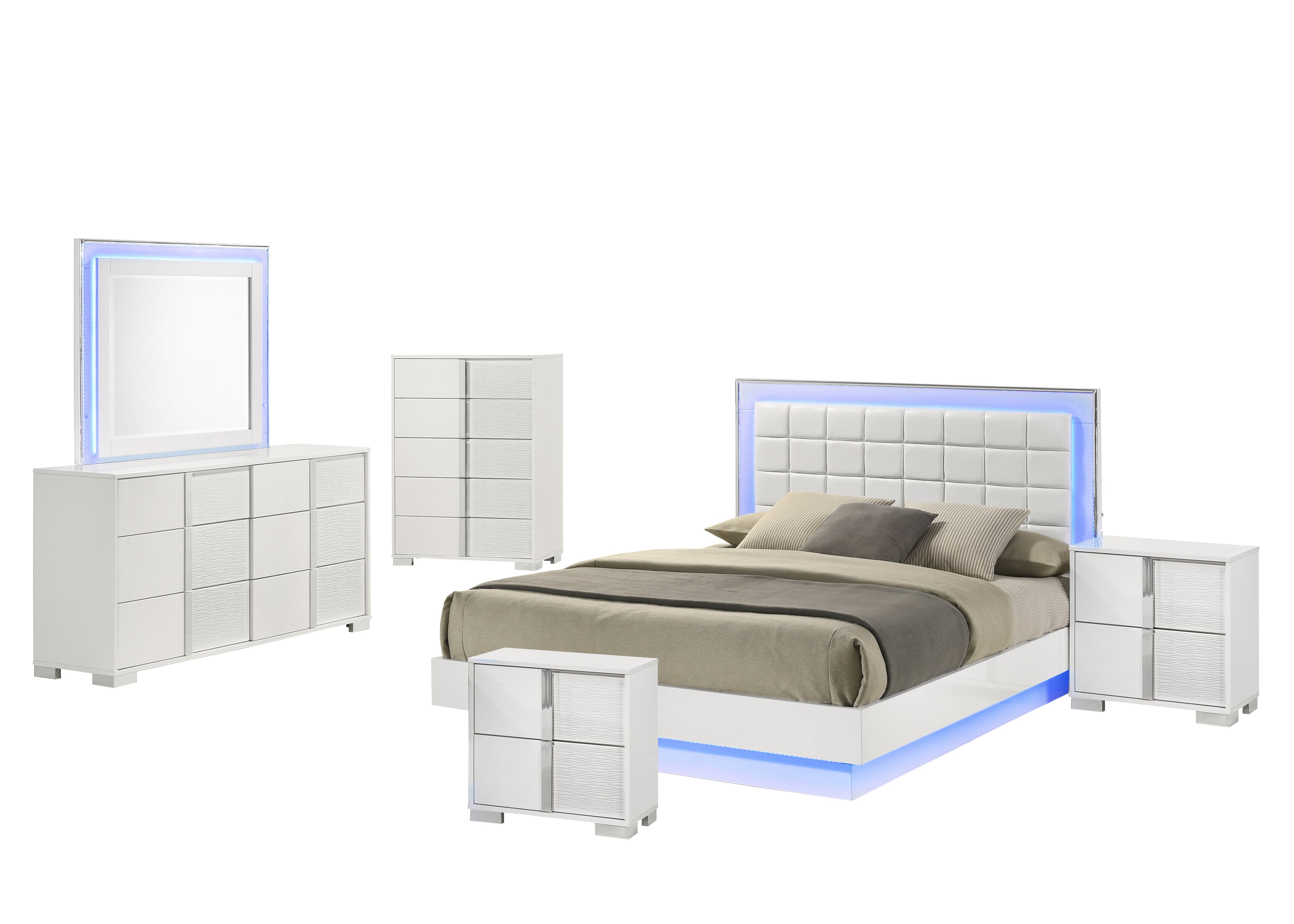 White Wood Bedroom Set Lacquer Platform with Blue LED Lighting Haus of Elevation