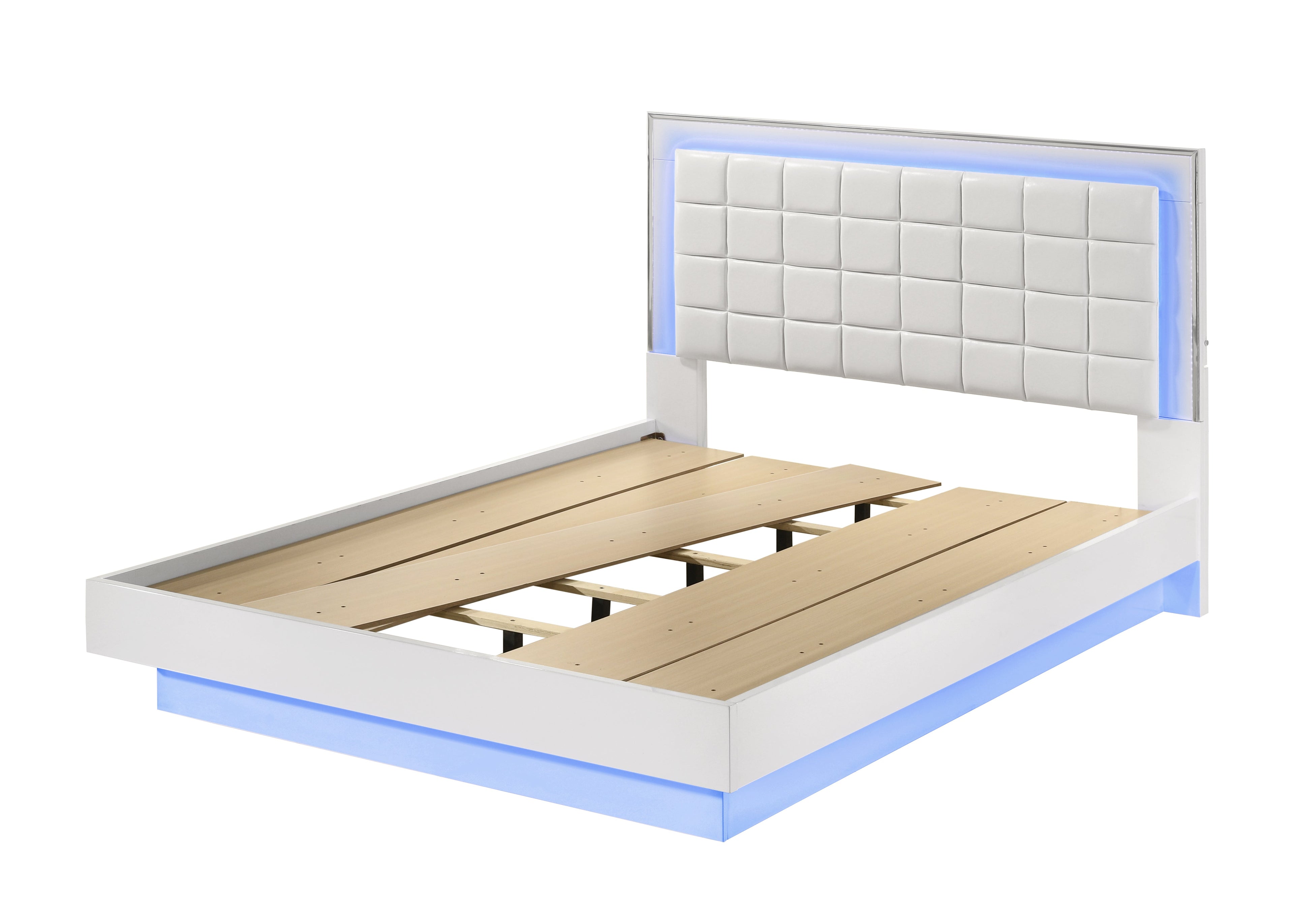 White Wood Bedroom Set Lacquer Platform with Blue LED Lighting Haus of Elevation