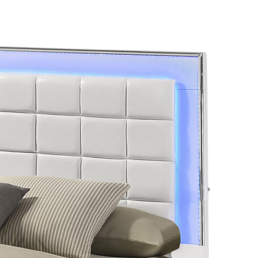 White Wood Bedroom Set Lacquer Platform with Blue LED Lighting Haus of Elevation