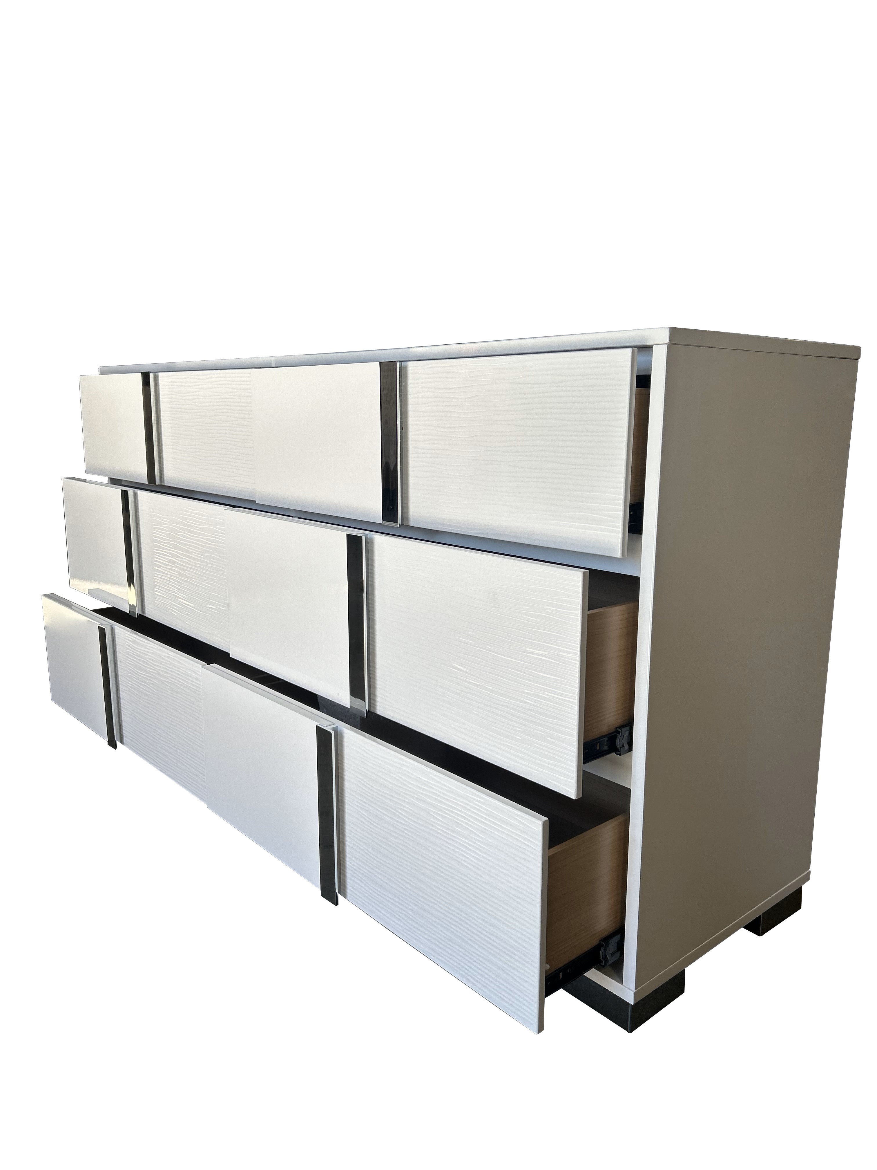 White Wood Bedroom Set Lacquer Platform with Blue LED Lighting Haus of Elevation