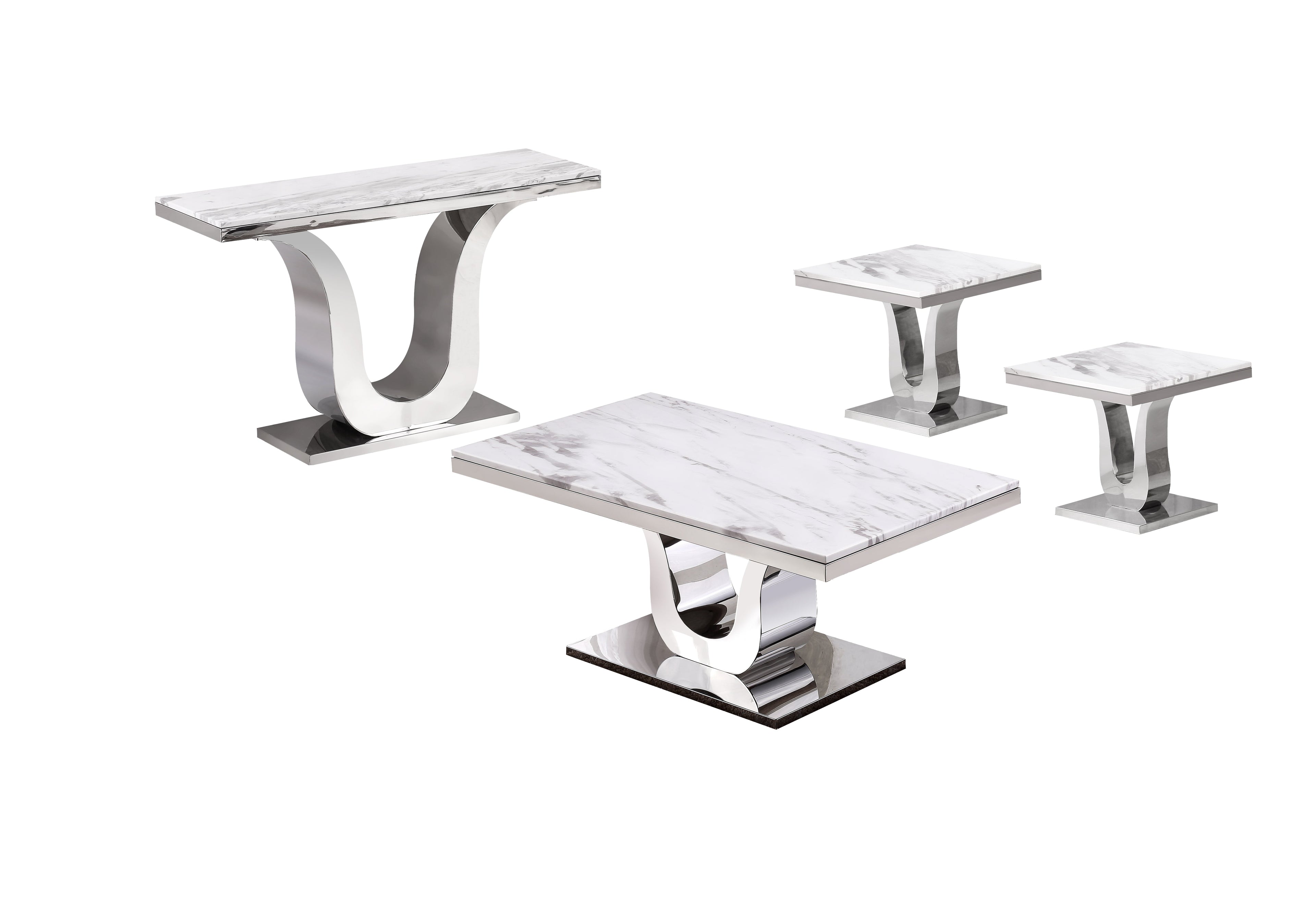 Genuine White Marble 4pc Coffee Table Set with Silver Stainless Steel Base Haus of Elevation