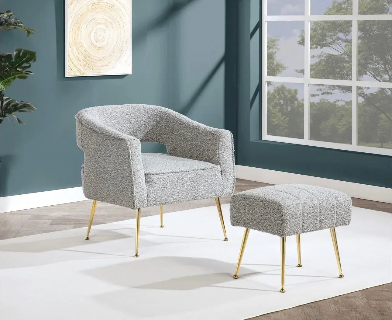 Best Quality Furniture 2 Piece Accent Chair & Ottoman in Rich Gray Boucle Fabric - Haus Of Elevation