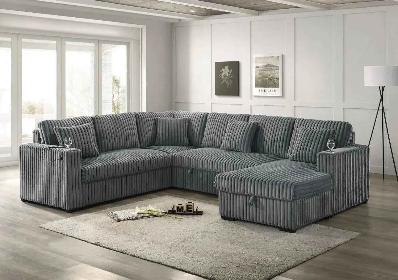 Best Quality Furniture 3 Piece Sectional w Pullout Bed in Gray Corduroy Velvet - Haus Of Elevation