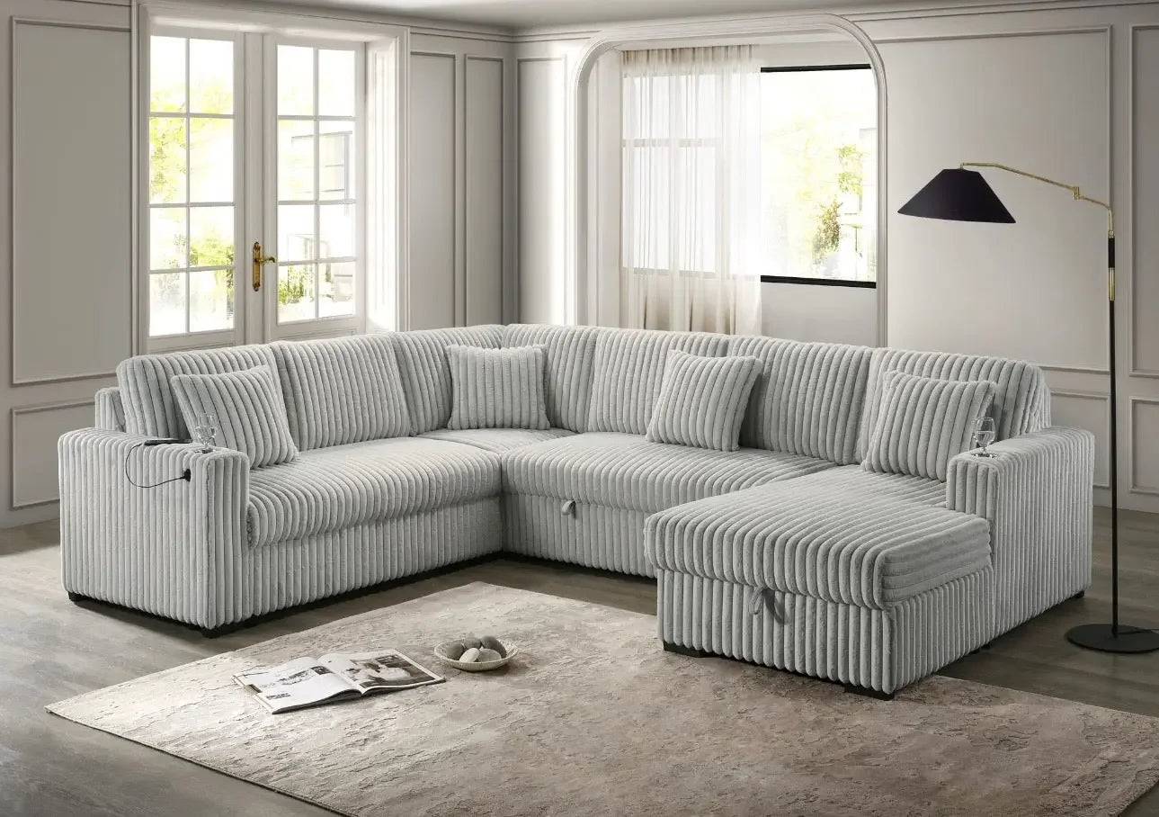 Best Quality Furniture 3 Piece Sectional w Pullout Bed in Gray Corduroy Velvet - Haus Of Elevation