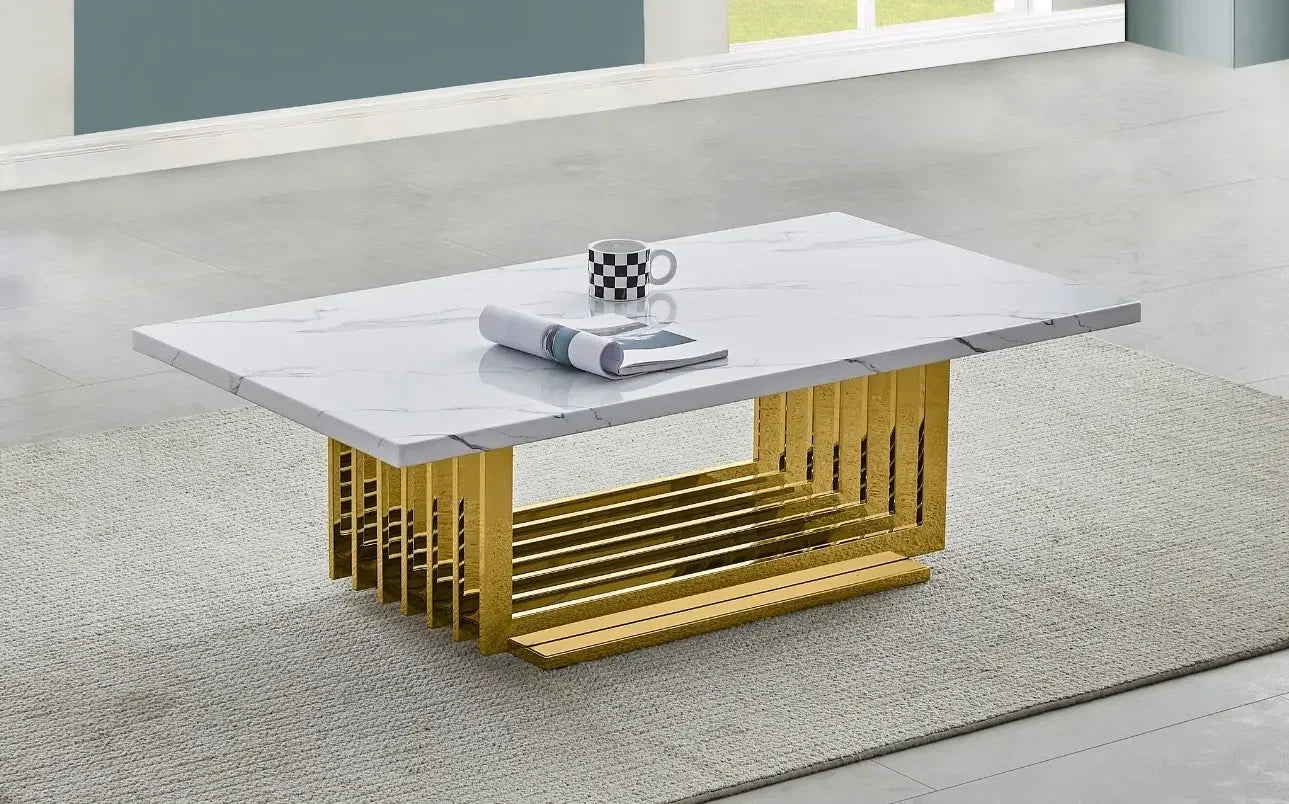 Best Quality Furniture White Marble Coffee Table with Gold Stainless Steel Base - Haus Of Elevation