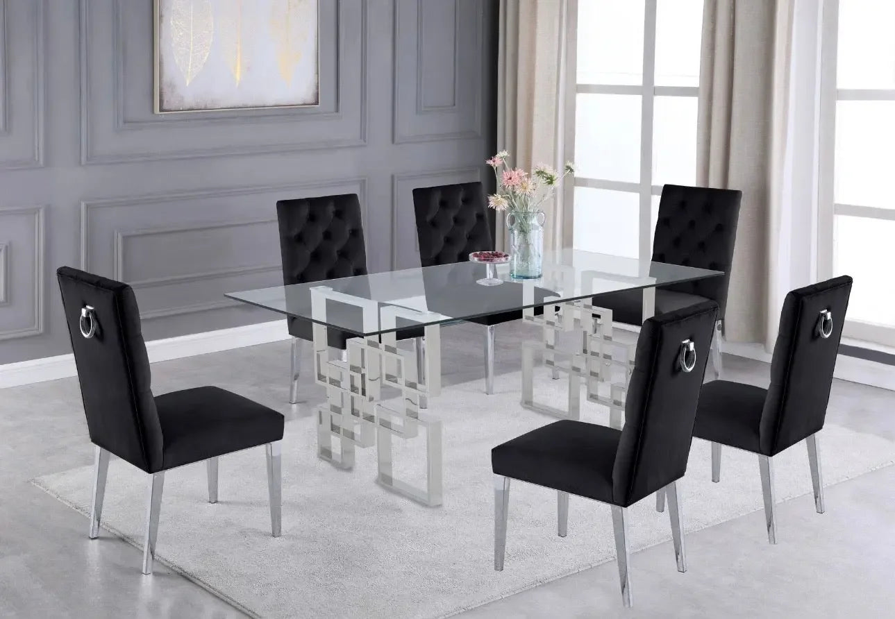 Rectangular Clear Glass 7pc Dining Set with Silver Stainless Steel Base - Haus Of Elevation