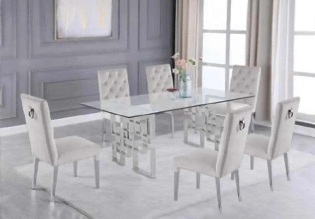 Rectangular Clear Glass 7pc Dining Set with Silver Stainless Steel Base - Haus Of Elevation