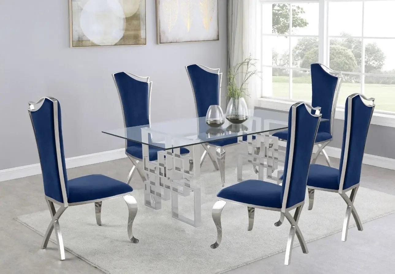 Rectangular Clear Glass 7pc Dining Set with Silver Stainless Steel Base - Haus Of Elevation