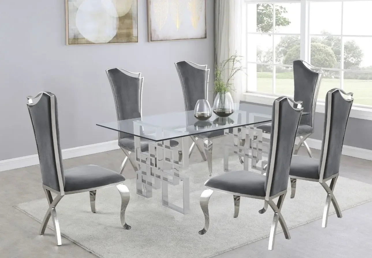 Rectangular Clear Glass 7pc Dining Set with Silver Stainless Steel Base - Haus Of Elevation