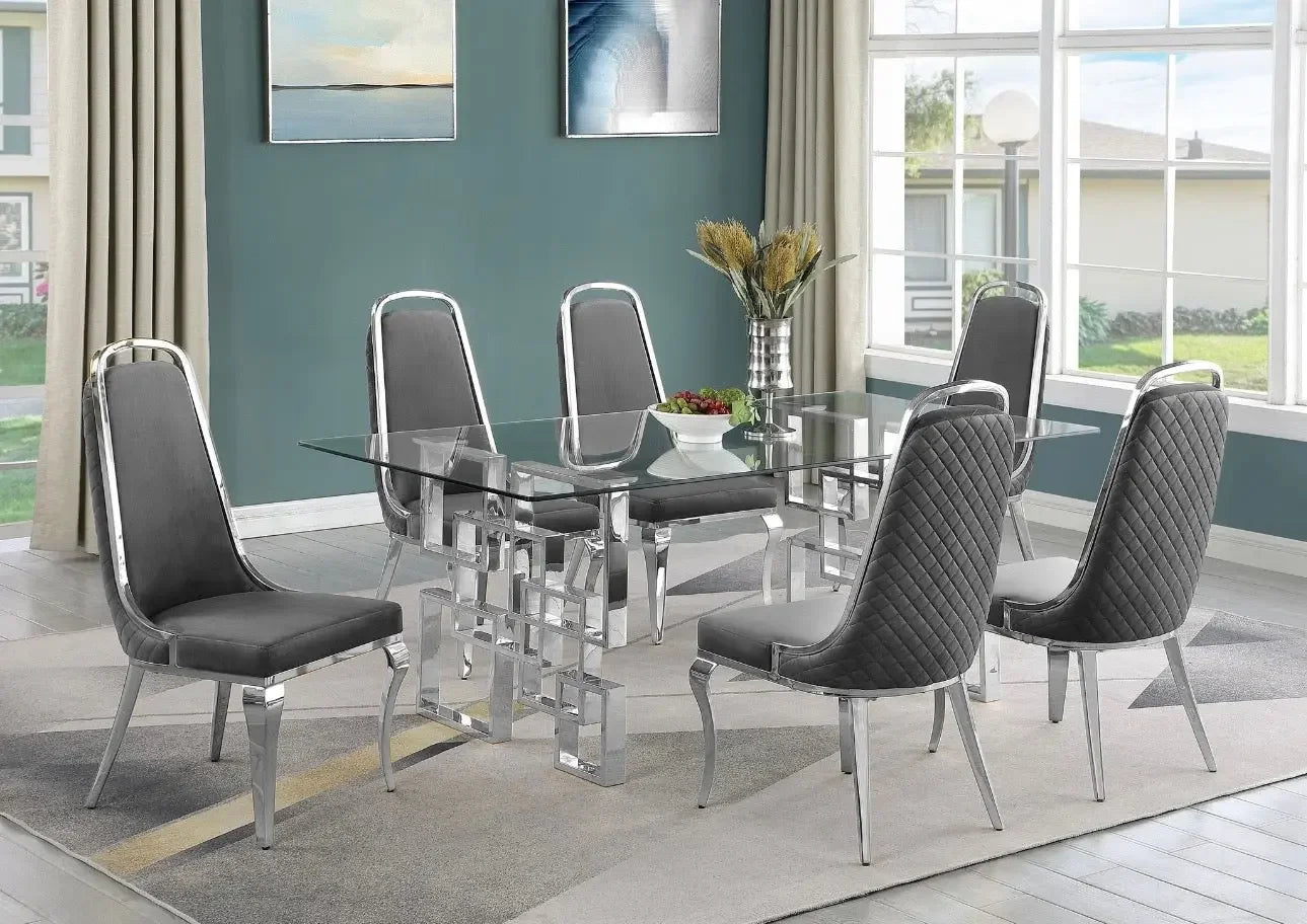Best Quality Furniture 7-Piece Tempered Glass & Velvet Dining Set in Dark Gray - Haus Of Elevation