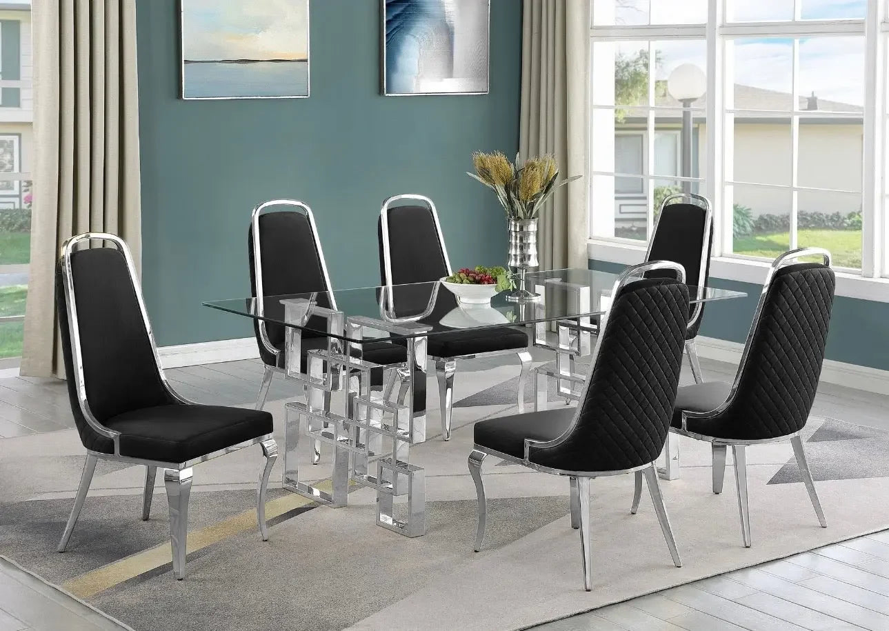 Best Quality Furniture 7-Piece Tempered Glass & Velvet Dining Set in Dark Gray - Haus Of Elevation