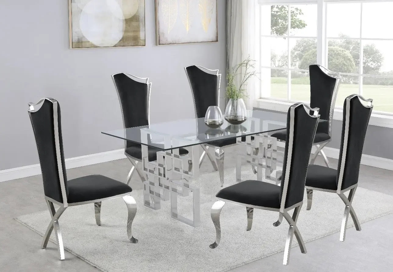 Rectangular Clear Glass 7pc Dining Set with Silver Stainless Steel Base - Haus Of Elevation