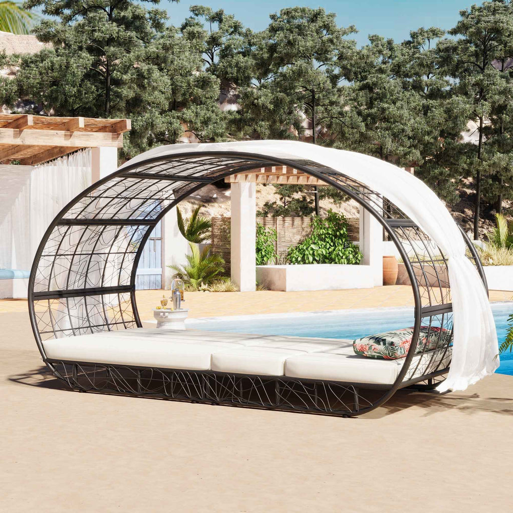 90.55" Outdoor Patio Daybed with Curtain, Sunbed with Cushion and Trustymall