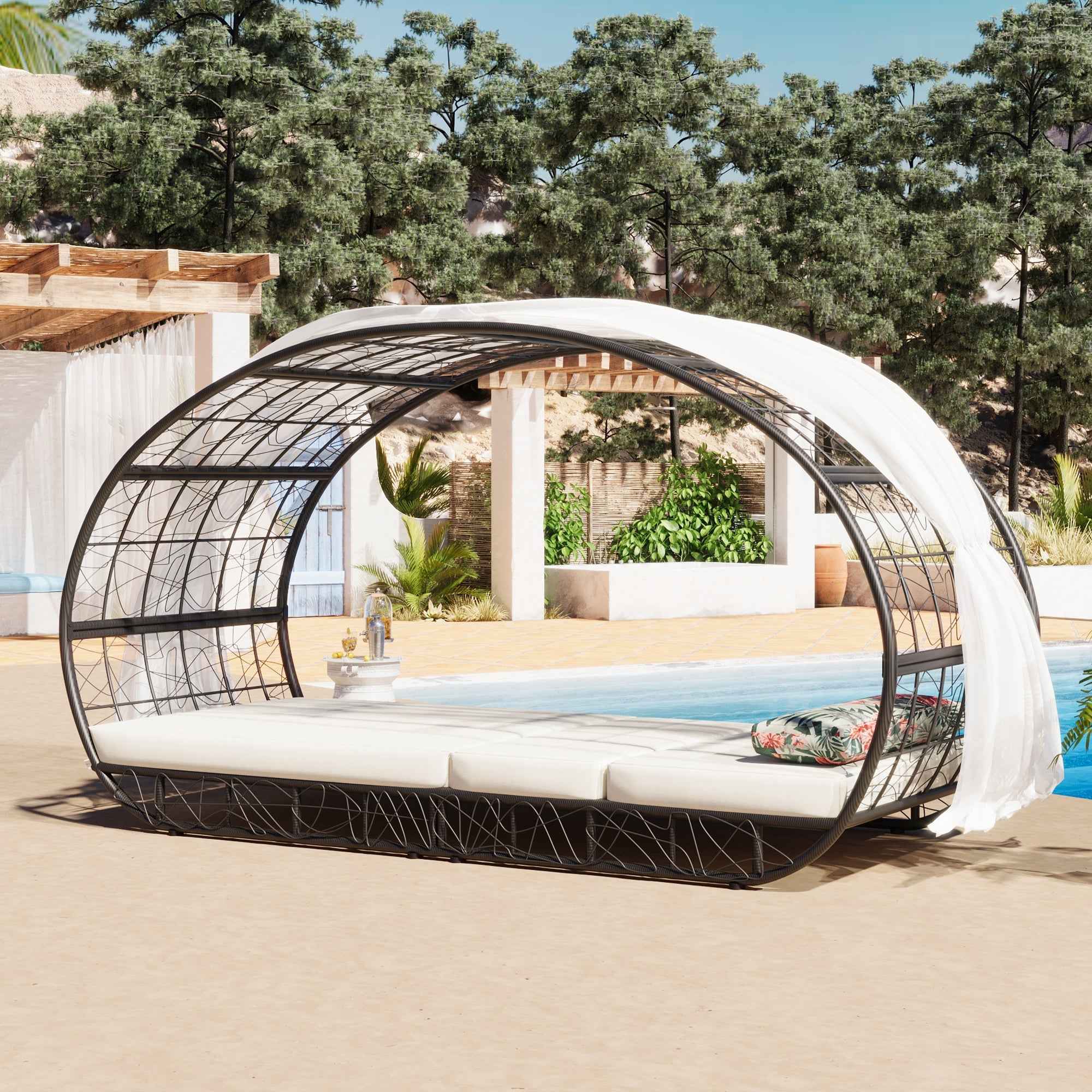 90.55" Outdoor Patio Daybed with Curtain, Sunbed with Cushion and Trustymall