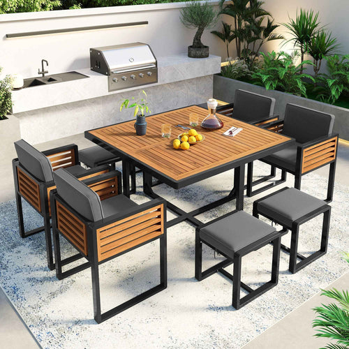 9-Pieces Acacia Wood Patio Dining Set, Space Saving Outdoor Patio Set, Trustymall