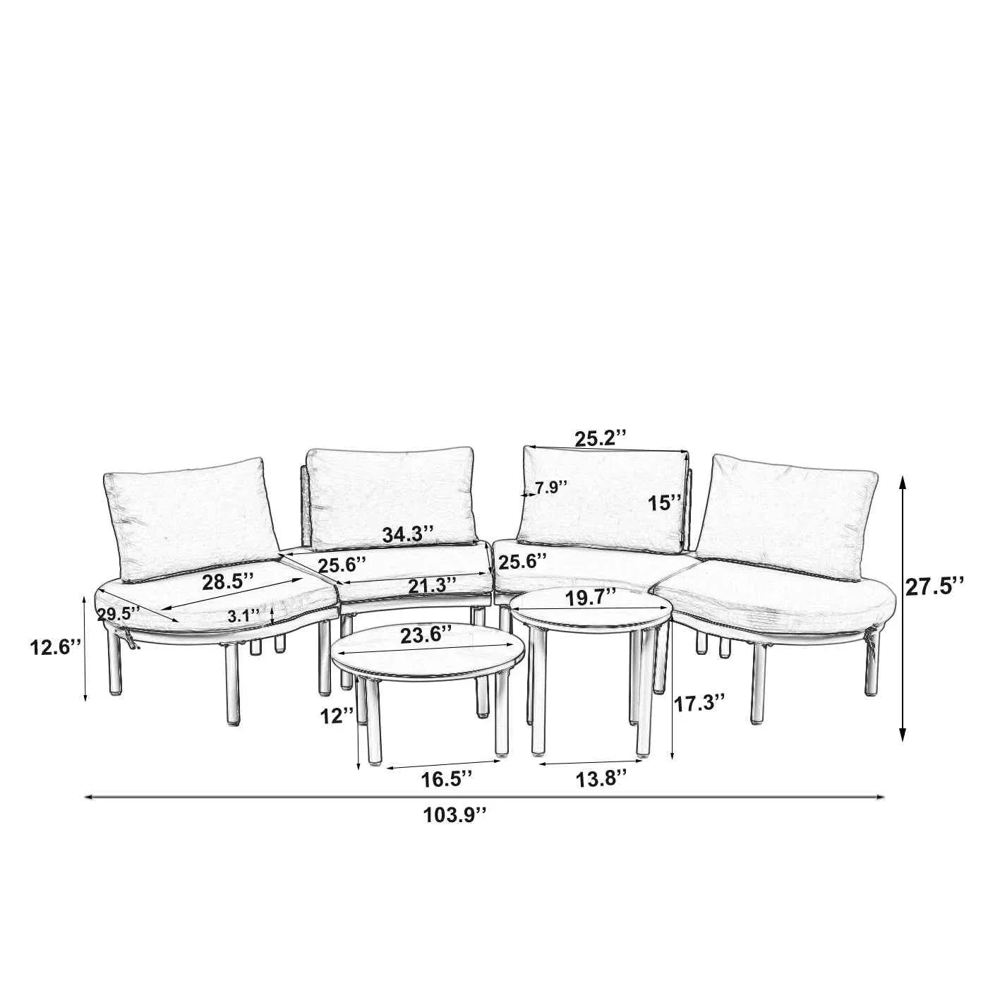 6-Piece Patio Sofa Furniture Set, Half Moon Outdoor Sectional Sofa Trustymall