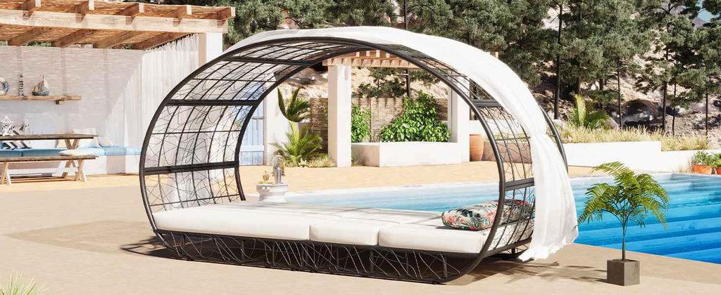 90.55" Outdoor Patio Daybed with Curtain, Sunbed with Cushion and Trustymall