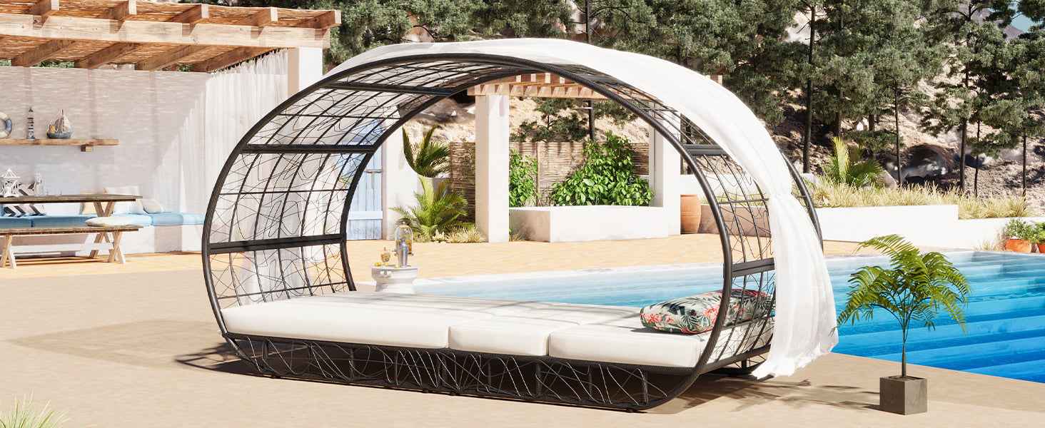 90.55" Outdoor Patio Daybed with Curtain, Sunbed with Cushion and Trustymall