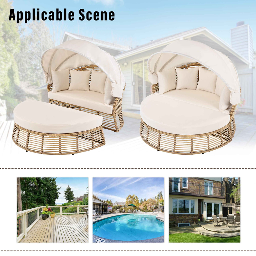Outdoor Patio Rattan Round Daybed with Retractable Canopy, Wicker Trustymall