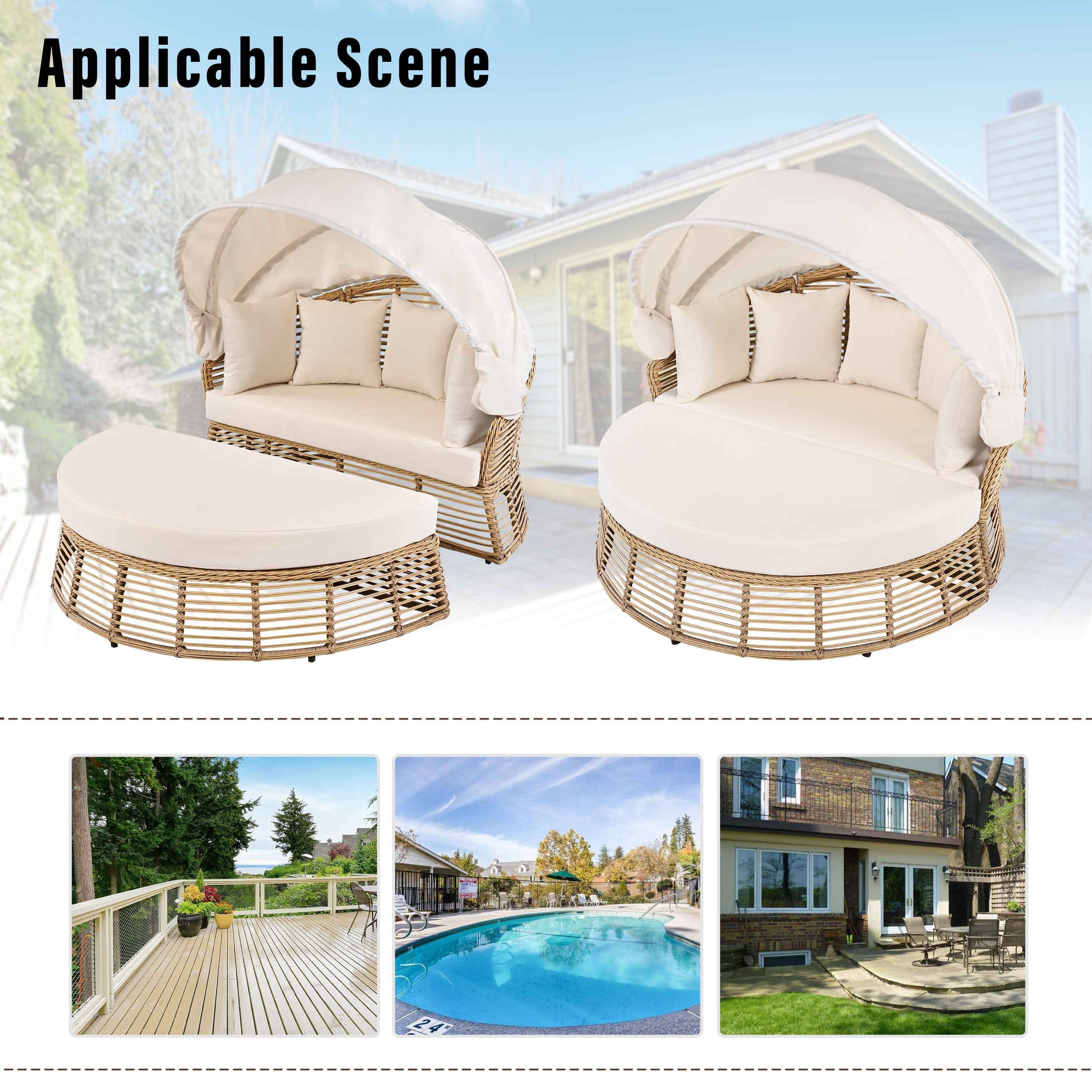 Outdoor Patio Rattan Round Daybed with Retractable Canopy, Wicker Trustymall