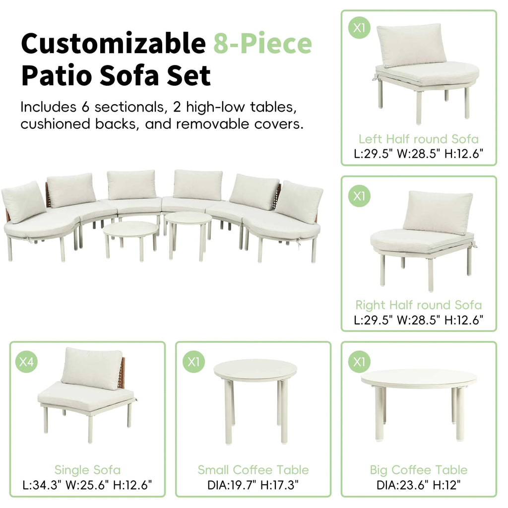 8-Piece Patio Sofa Furniture Set, Half Moon Outdoor Sectional Sofa Trustymall